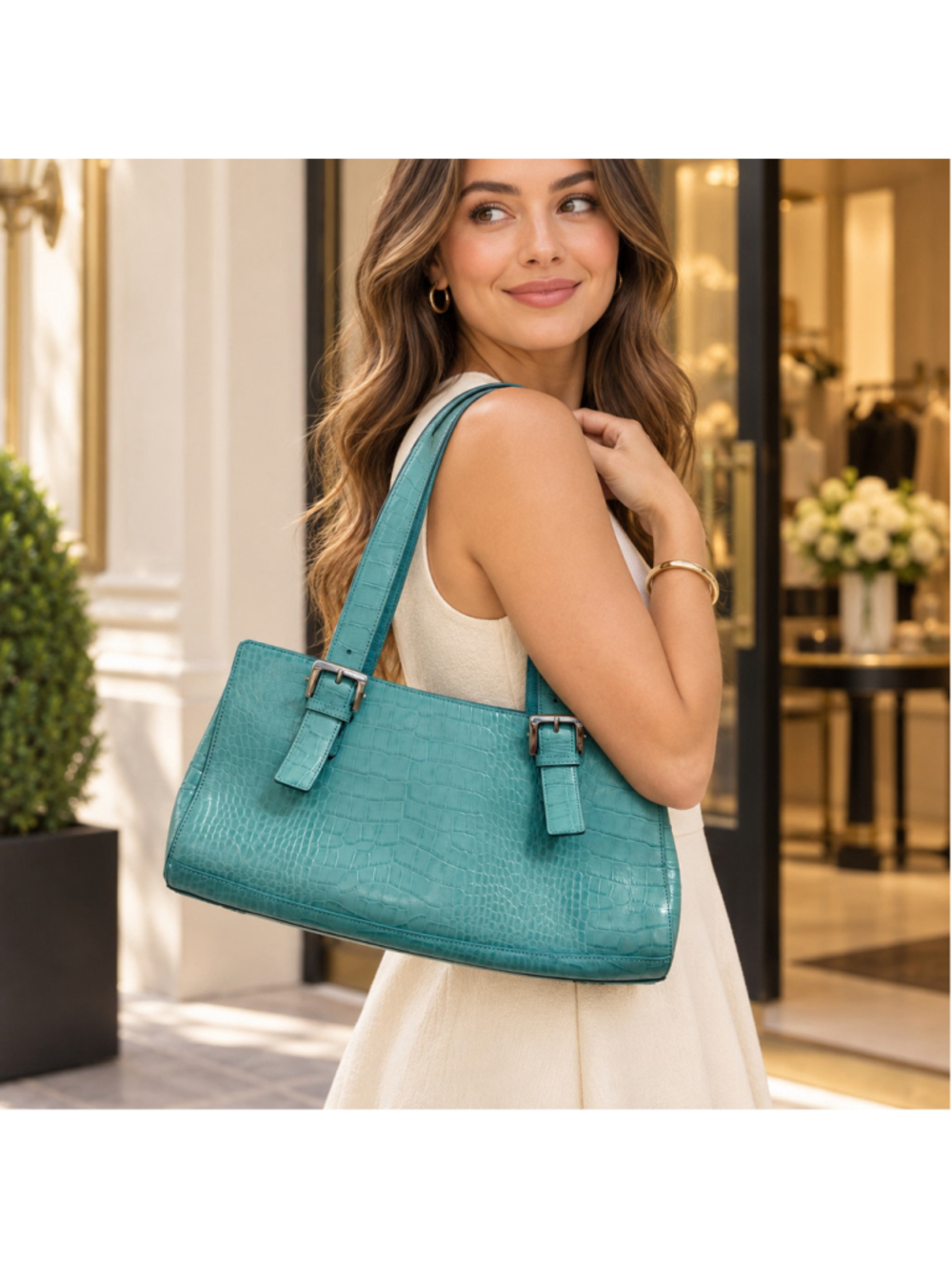 Women's LFANI Crocodile-Embossed Shoulder Tote Bag, One Size, Turquoise